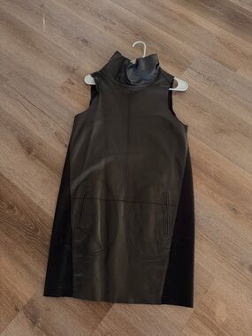 Comfort black leather dress with high collar